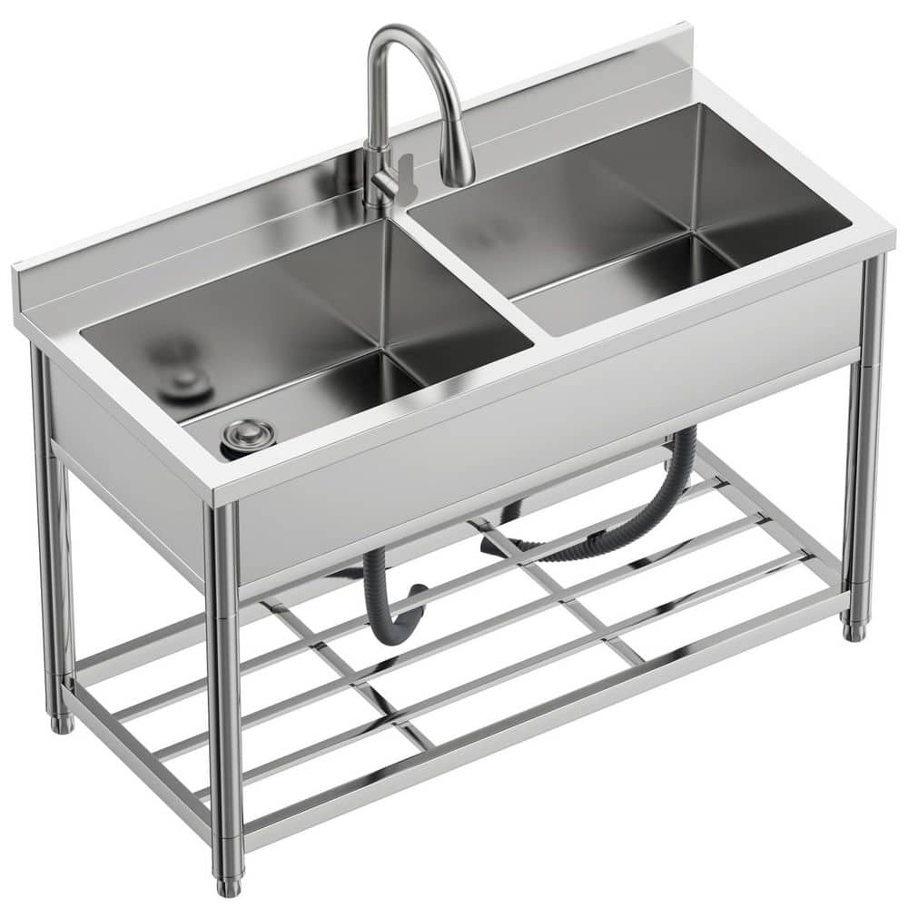 2-Compartment Commercial Sink, Stainless Steel Utility Sink with Pull-out Faucet, Freestanding Double Bowl Kitchen Sink price history on PriceWatchPro