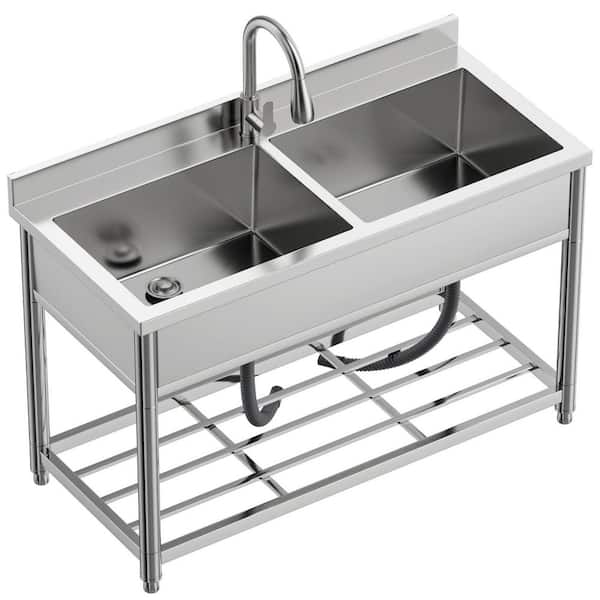 2-Compartment Commercial Sink, Stainless Steel Utility Sink with Pull-out Faucet, Freestanding Double Bowl Kitchen Sink