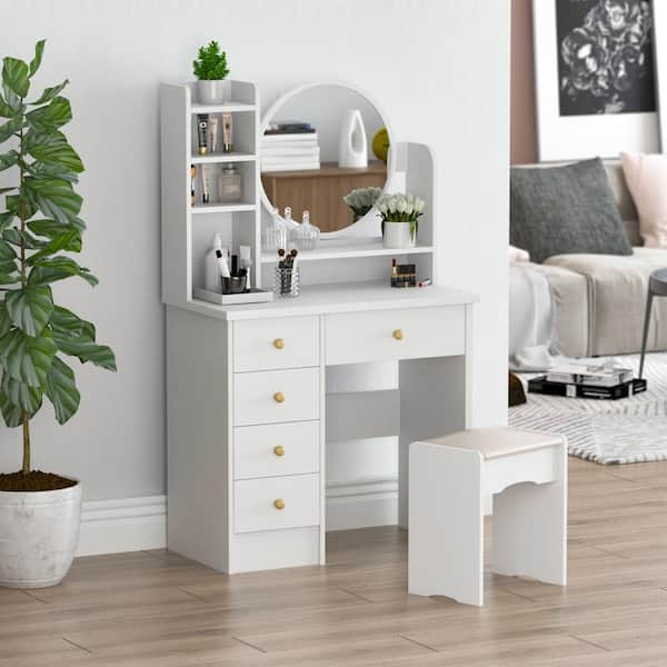 WIAWG 5-Drawers White Makeup Vanity Table Set with Stool Dressing Desk Vanity Wood Round Mirror Storage Shelves WFKF210095-01 - The Home Depot