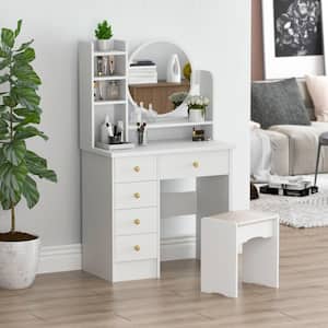 5-Drawers White Makeup Vanity Table Set with Stool Dressing Desk Vanity Wood with Round Mirror Storage Shelves