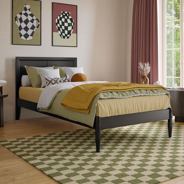 Ellarie Black Wood Frame Twin XL Platform Bed with Adjustable Headboard