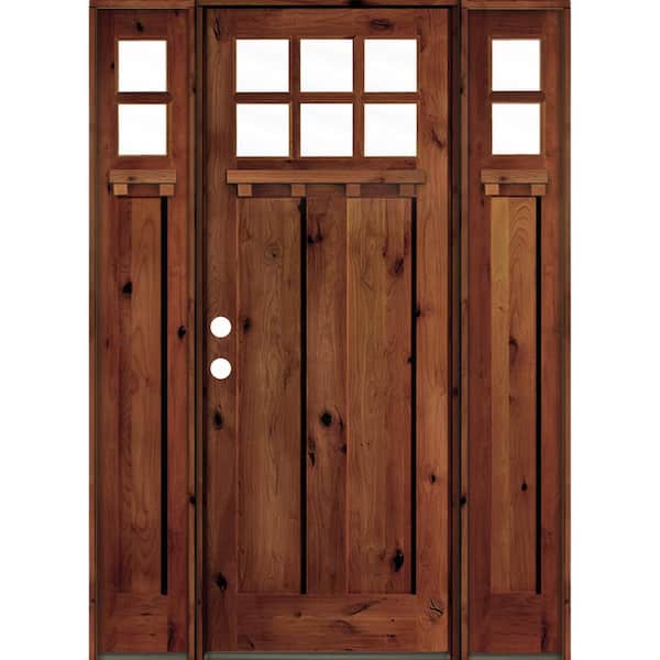 Krosswood Doors 70 in. x 96 in. Craftsman Alder Clear 6-Lite Red Chestnut Stain Wood w.DS Right Hand Single Prehung Front Door/Sidelites