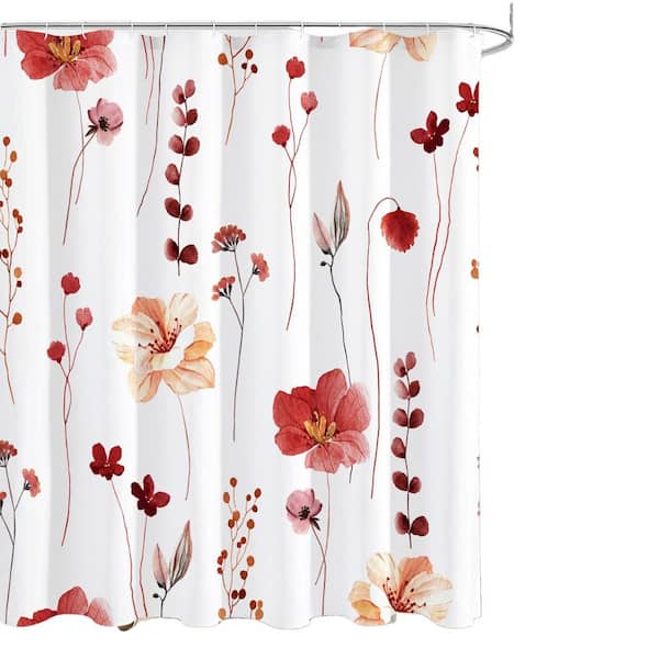 72 in. W x 72 in. L Polyester Watercolor Floral Shower Curtain, Light-Filtering Waterproof with 12 Hooks, in Red