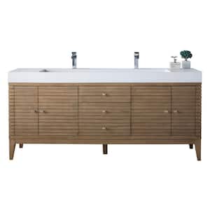 Linear 72.5 in. W x 19 in.D x 34.3 in.H Double Bath Vanity in Whitewashed Walnut with Solid Surface Top in Glossy White