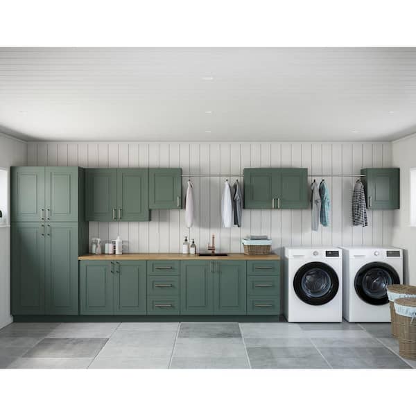 MILL'S PRIDE Greenwich Aspen Green Plywood Shaker Stock Ready to Assemble Kitchen-Laundry Cabinet Kit 24 in. x 84 in. x 216 in.