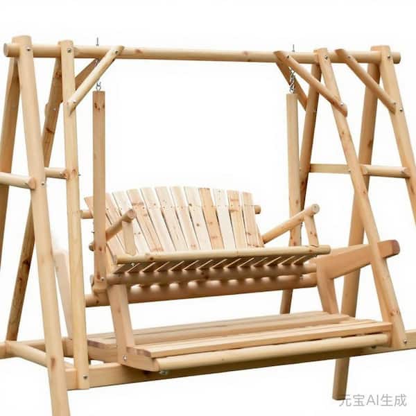 Natural 2-Seat Wooden Swing Bench, Ergonomic Design, 'A' Frame Construction, Solid Wood Frame Log Garden Swing  ﻿