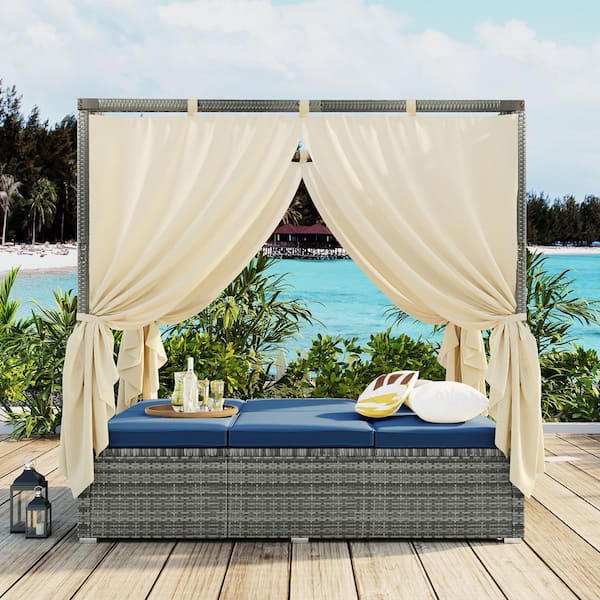 Unbranded 2-Person Wicker Outdoor Day Bed with Curtain, High Comfort Adjustable Sun Bed with 3 Colors, Blue Cushions