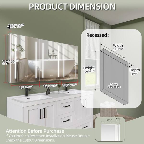 60 in. W x 30 in. H Rectangular Aluminum Recessed/Surface Mount White Medicine Cabinet with Mirror and LED Light