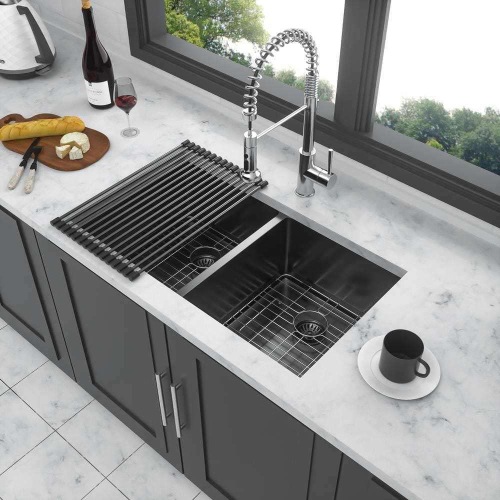 33 in. Undermount Double Bowl Gunmetal Black Stainless Steel Kitchen ...