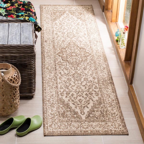 Linden Cream/Beige 2 ft. x 10 ft. Border Antique Medallion Indoor/Outdoor Runner Rug