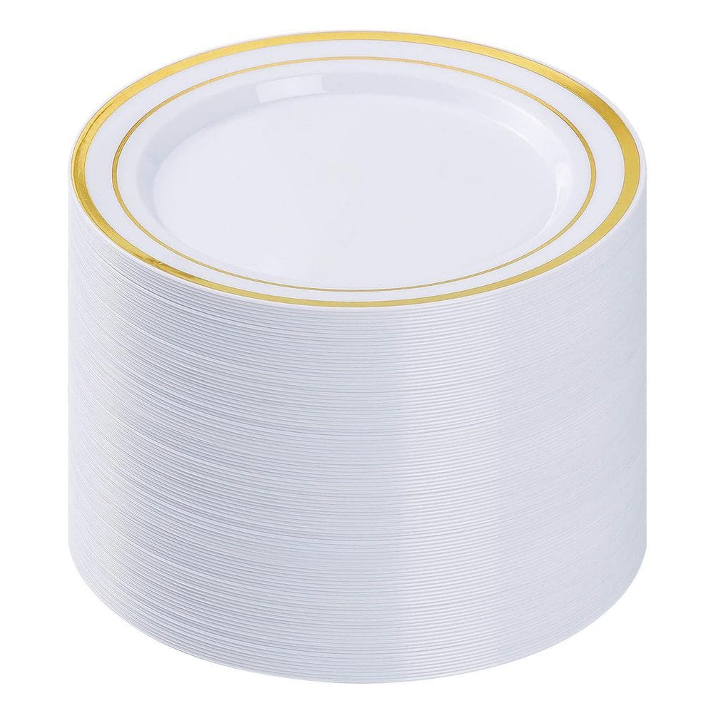 100-Pack 10.25 Inch Heavy Duty Gold Rim Plastic Disposable Dinner Plates for Parties and Events price history on PriceWatchPro