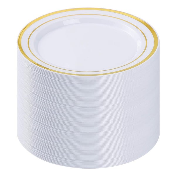 100-Pack 10.25 Inch Heavy Duty Gold Rim Plastic Disposable Dinner Plates for Parties and Events