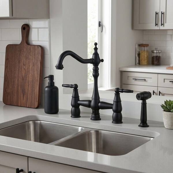Brass Double Handle Bridge Kitchen Faucet with Side Sprayer in Matte Black