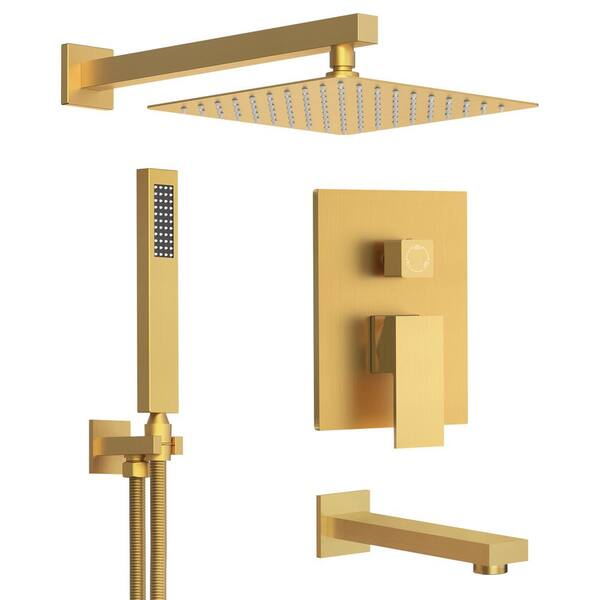 GRANDJOY 3-Spray Square High Pressure Wall Bar Shower Kit Tub and Shower Faucet with Hand Shower in Brushed Gold (Valve Included)