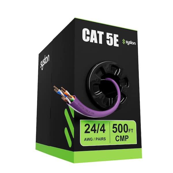 500 ft. Purple Cat 5e CMP 350MHz 24AWG Solid Bare Copper Ethernet Network Wire Bulk No Ends, Plenum Rated Indoor/Outdoor
