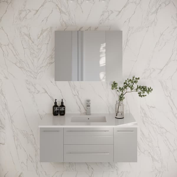 Fresca Lucera 42 in. Single Sink Wall Mount Gray Bath Vanity with White Quartz Top, Undermount Sink and Medicine Cabinet