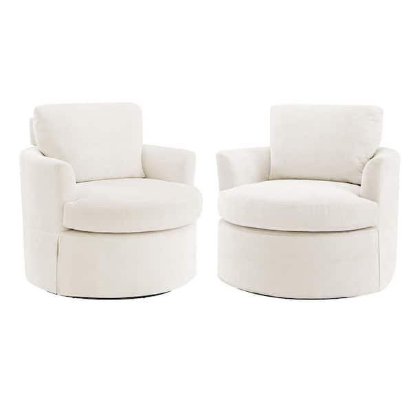 Beige Chenille Upholstered 360° Swivel Accent Chair Adjustable Back Height Armchair with Wood Frame Set of 2