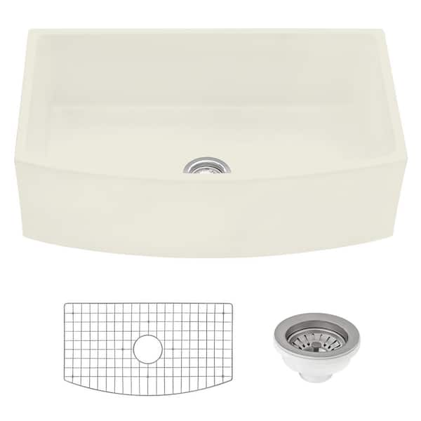 Fiamma 33 in. Bow Front Curved Apron-Front Farmhouse Single Bowl Fireclay Kitchen Sink in Biscuit