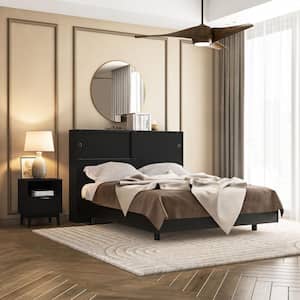 Victoria 2 Piece Black Wood Full Size Bedroom Set with Headboard and Nightstand