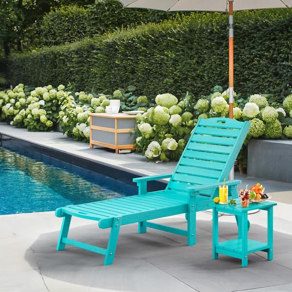 LUE BONA Hellen Keller Aruba Blue 2-Piece HDPS Plastic Adjustable Outdoor Patio Reclining Chaise Lounge Chair Set with Side Table