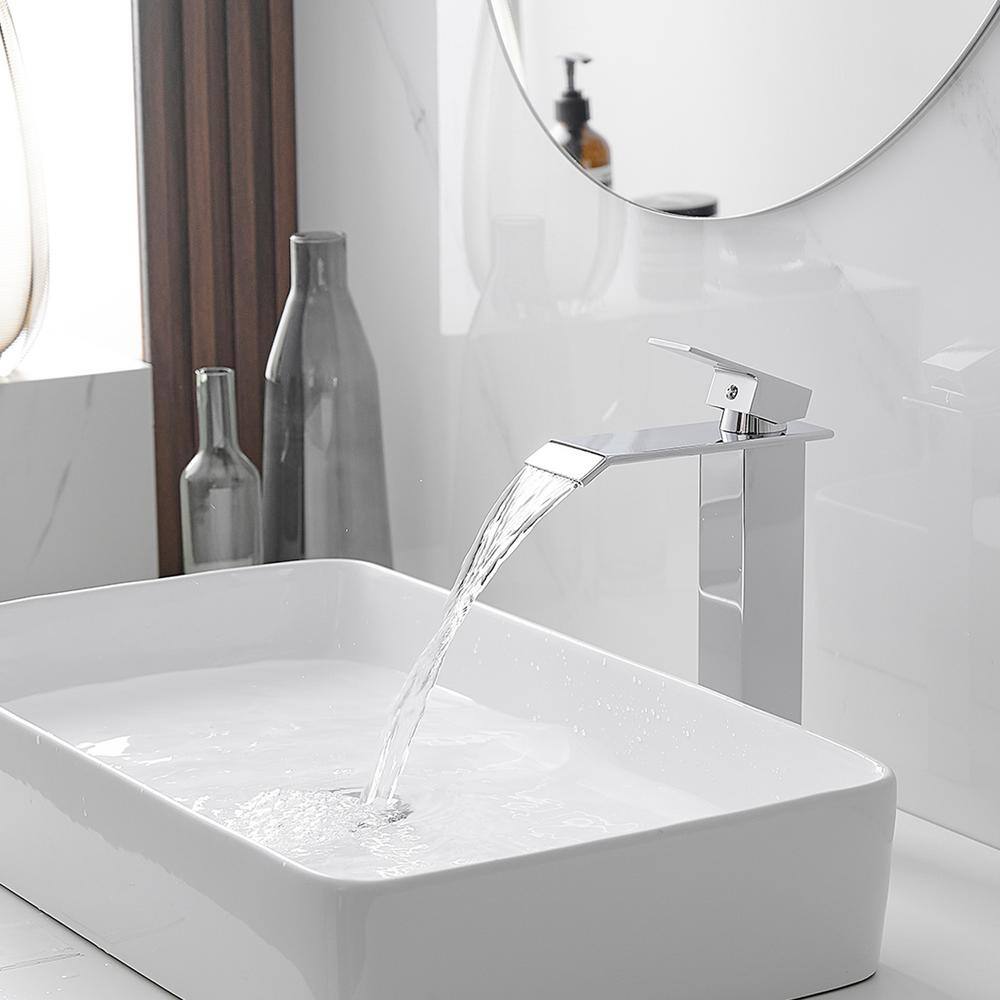 Polished Chrome Waterfall Vessel Sink Faucet with Pop-Up Drain