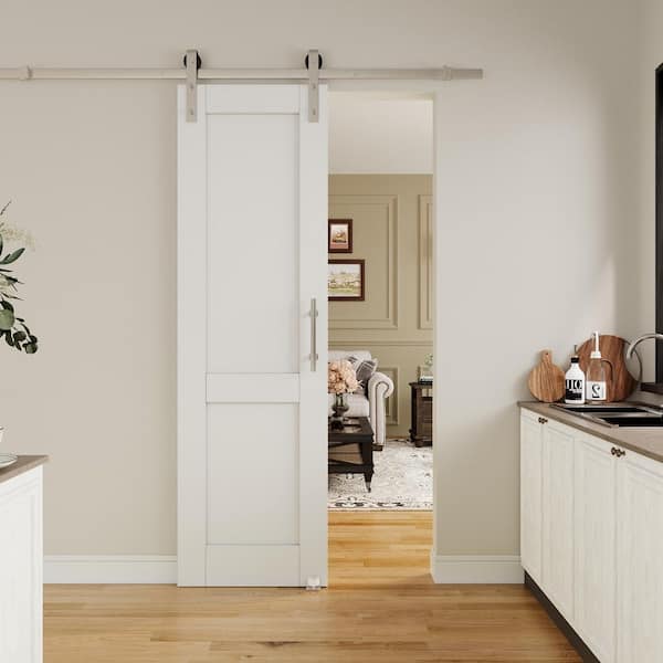 18 in. x 80 in. 2-Lite White Primed Paneled MDF Sliding Barn Door with Hardware Kit