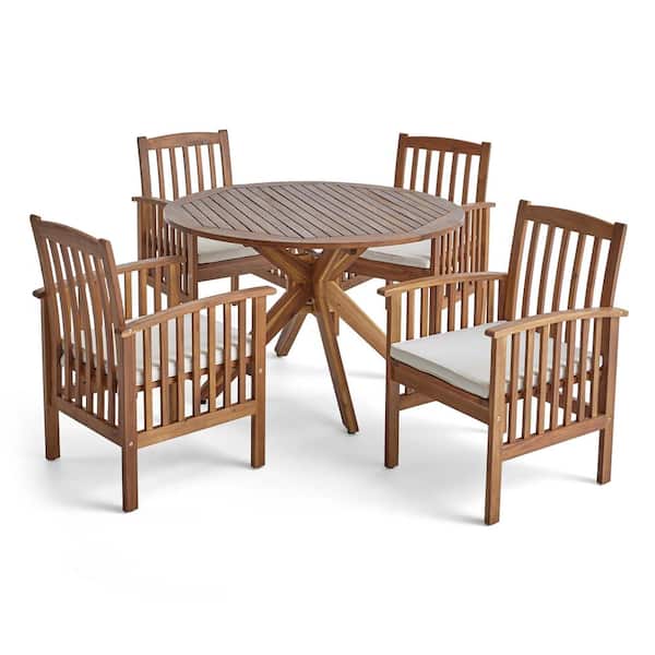 Casa Acacia Teak Brown 5-Piece Acacia Wood Round Table with X-Legs Outdoor Patio Dining Set with Cream Cushions