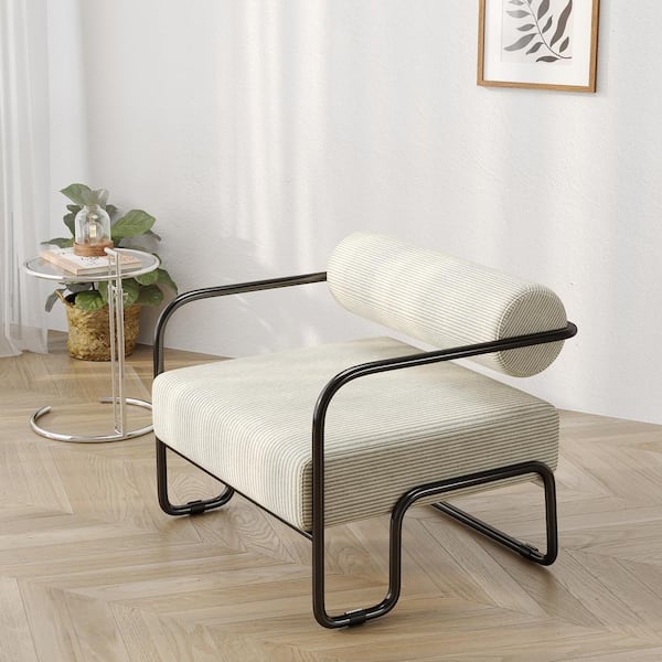 Beige Corduroy Fabric Upholstered Arm Chair with Black Iron Frame