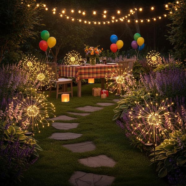 Solar Garden Decorative White Firework Path Lights - 120 LED, Waterproof Outdoor String Path Lights (2-Pack)