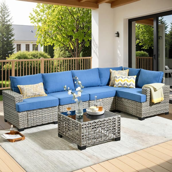 OVIOS Tiberte Gray 6-Piece Wicker Patio Conversation Seating Set with Diamond Blue Cushions