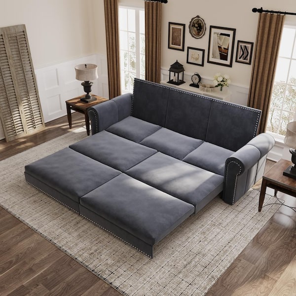 Harper & Bright Designs 3-in-1 Convertible 93.7 in. Gray Velvet King Size Sofa Bed with Rivet Head Trim