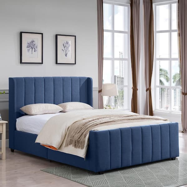 Noble House Antoinette Traditional Queen-size Navy Blue Fully Upholstered Bed Frame