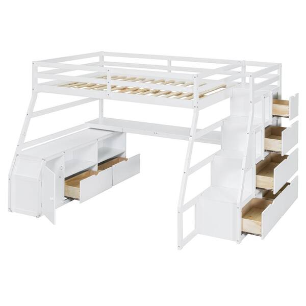 Nestfair White Wood Full Size Loft Bed with Desk, 2 Shelves