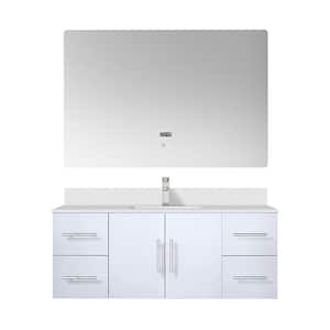 Geneva 48 in. W x 22 in. D Glossy White Bath Vanity, White Quartz Top, Faucet Set, and 48 in. LED Mirror