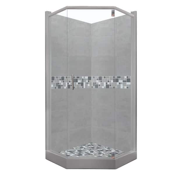 American Bath Factory Newport Grand Hinged 42 in. x 48 in. x 80 in. Left-Cut Neo-Angle Shower Kit in Wet Cement and Chrome Hardware