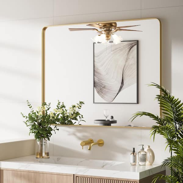 PRIMEPLUS 40 in. W x 30 in. H Large Modern Rectangle Stainless Steel Framed Bathroom Vainty Mirror Brushed Gold