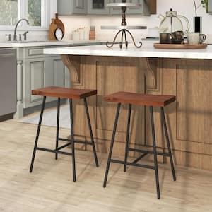 25 in. Brown Metal Industrial Saddle Stool Counter Height Bar Stool Dining Pub Chair with Wood Seat