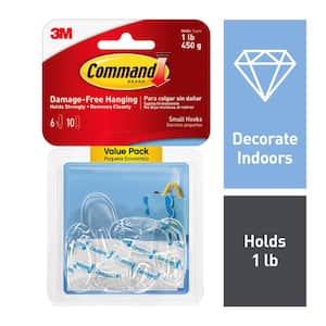 Small Wall Hooks, Clear, Damage Free Decorating, 6 Hooks and 10 Command Strips