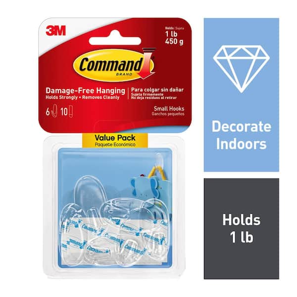 Command Small Wall Hooks, Clear, Damage Free Decorating, 6 Hooks and 10 Command Strips