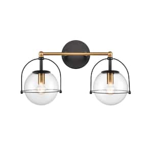 Lenwood 17 in. W 2-Light Satin Brass Vanity Light with Glass Shades