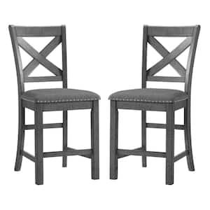 37 in. Gray High Back Wood Frame Barstool with Fabric Seat (Set of 2)
