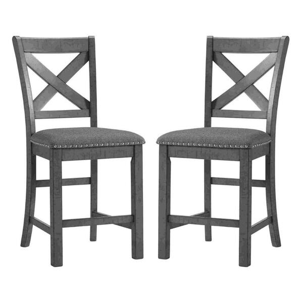 Benjara 37 in. Gray High Back Wood Frame Barstool with Fabric Seat (Set of 2)