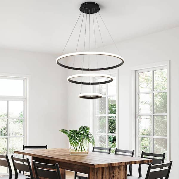 60-Watt Black 3 Ring LED Hanging Pendant Light Fixture Dimmable Chandelier Lighting for Kitchen Island