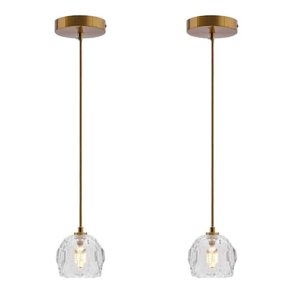 OUKANING 40-Watt 1-Light Gold Modern Shaded Pendant Light with Crystal Shade and Adjustable Height, No Bulbs Included (2-Pices)