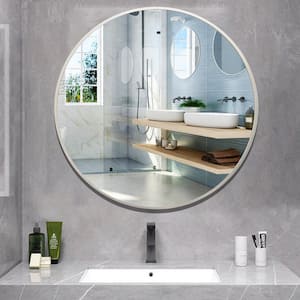32 in. W x 32 in. H Round Framed Wall Mount Bathroom Vanity Mirror in Silver
