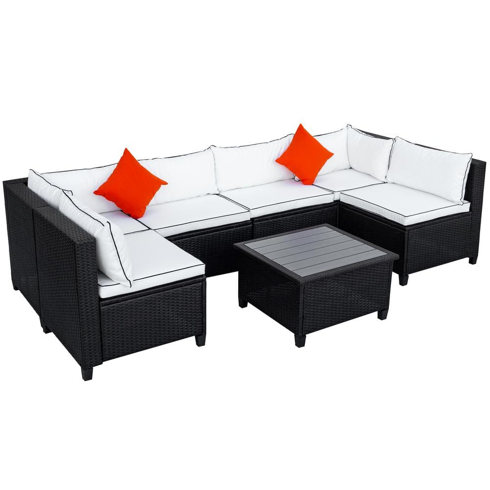 Dark Brown 7-Piece Wicker Sectional Seating Set with Beige Cushions