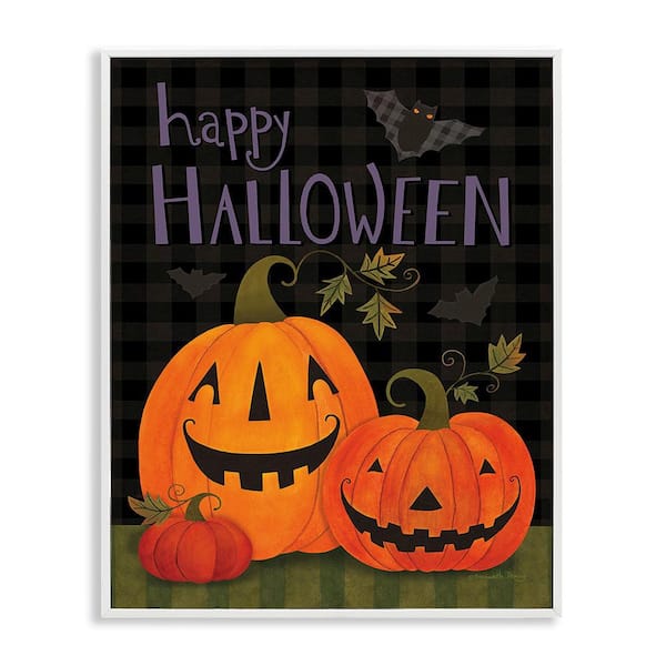 Stupell Industries Pumpkins and Bat on Plaid by Bernadette Deming 1-Piece Framed Graphic Print Typography Poster Art Print 20 in. x 16 in.