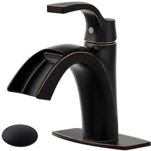 Waterfall Spout 1-Handle Low Arc 1-Hole Bathroom Faucet with Deckplate and Pop-up Drain in Oil Rubbed Bronze