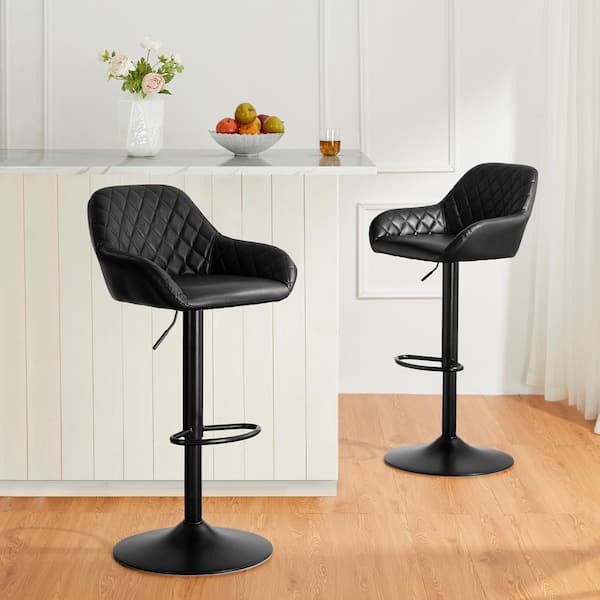 Glitzhome 32.75 in. H Mid-Century Modern Black Metal Quilted Leatherette Gaslift Adjustable Swivel Bar Stool (Set of 2)