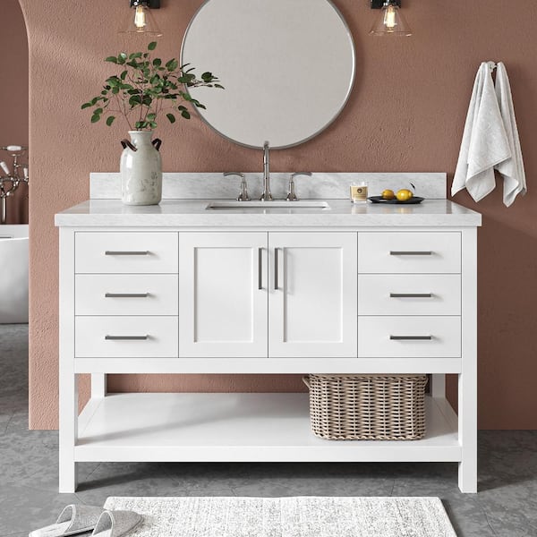 ARIEL Magnolia 55 in. W x 22 in. D x 36 in. H Bath Vanity in White with Carrara Marble Vanity Top in White with White Basin